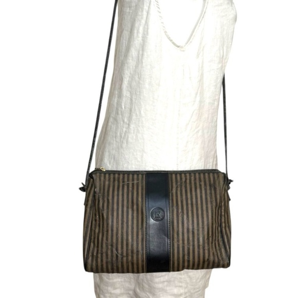 Fendi Roma vintage 90s Pequin striped crossbody coated canvas and leather trim - Picture 1 of 12